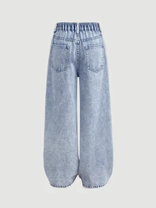 SHEIN Girlism Celana Jeans Denim Anak Perempuan Remaja Motif Bintang Y2K Warna Biru Muda Longgar dengan Lubang Berjumbai - Biru - View 2