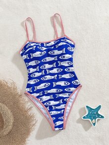 SHEIN Swim 春夏新款欧美风性感连体泳衣，高腰三角泳裤，海洋生物印花撞色细肩带，胸部褶皱设计，露背，女士/女孩连体泳衣，甜美保暖春季海滩度假风 - 彩色 - 查看 3