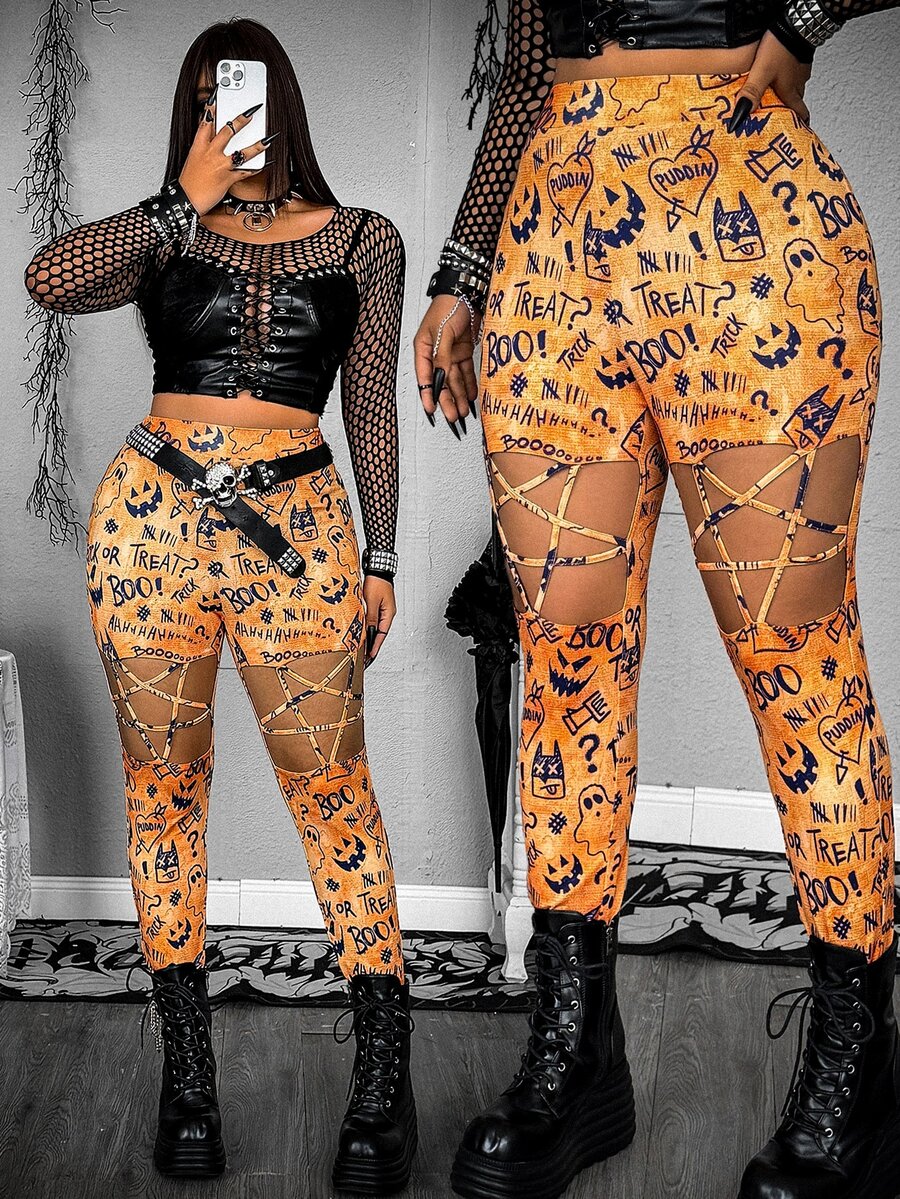 Whyspr BATMAN X SHEIN Legging Berlubang Motif Gaya Hip Hop Ukuran Plus untuk Liburan Halloween - Jeruk - View 1