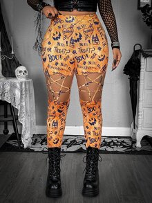 Whyspr BATMAN X SHEIN Legging Berlubang Motif Gaya Hip Hop Ukuran Plus untuk Liburan Halloween - Jeruk - View 5