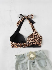 SHEIN Swim 2025 女士夏季海滩豹纹交叉露背系带性感比基尼上衣 - 彩色 - 查看 3