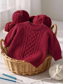 Baby Boy Baby Girl Burgundy Textured Jacquard Knit Loose Pullover Autumn Winter Sweater Suitable For Christmas - Burgundy - View 1