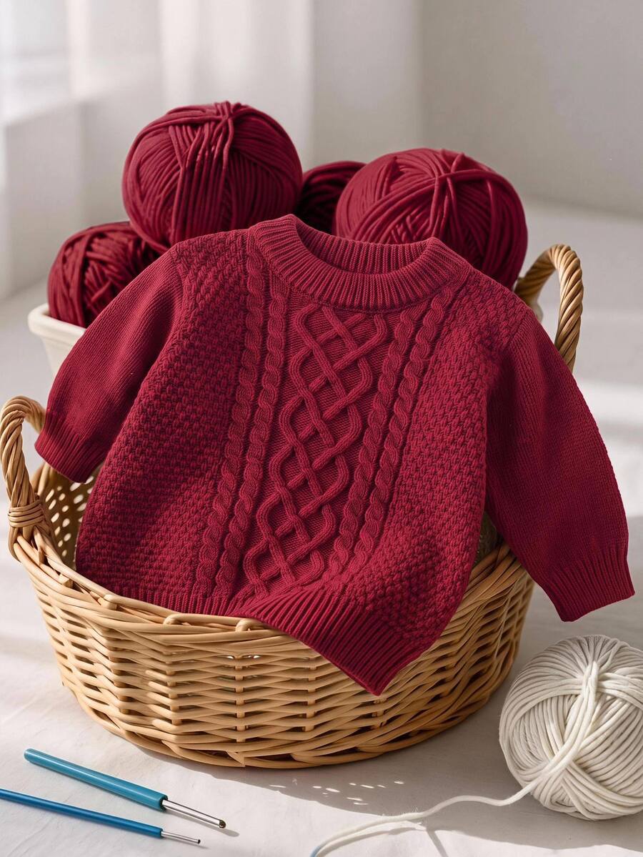 Baby Boy Baby Girl Burgundy Textured Jacquard Knit Loose Pullover Autumn Winter Sweater Suitable For Christmas - Burgundy - View 1