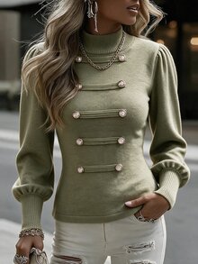 Omancia 拿破崙風圓領鈕扣裝飾燈籠袖女款毛衣，海軍藍派對穿搭 - 綠色 - 查看 4