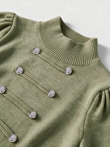 Omancia 拿破崙風圓領鈕扣裝飾燈籠袖女款毛衣，海軍藍派對穿搭 - 綠色 - 查看 6