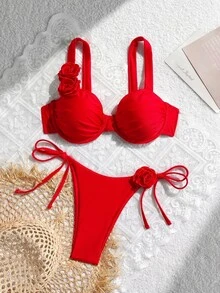 SHEIN Swim 女士时尚红色粗带花卉印花聚拢性感露背三角比基尼套装，夏季沙滩泳装 - 紅色 - 查看 1