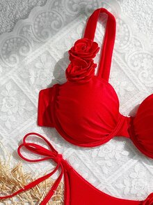 SHEIN Swim 女士时尚红色粗带花卉印花聚拢性感露背三角比基尼套装，夏季沙滩泳装 - 紅色 - 查看 3