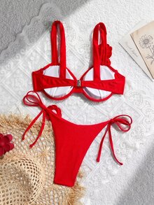 SHEIN Swim 女士时尚红色粗带花卉印花聚拢性感露背三角比基尼套装，夏季沙滩泳装 - 紅色 - 查看 2