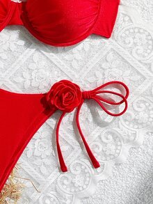 SHEIN Swim 女士时尚红色粗带花卉印花聚拢性感露背三角比基尼套装，夏季沙滩泳装 - 紅色 - 查看 5