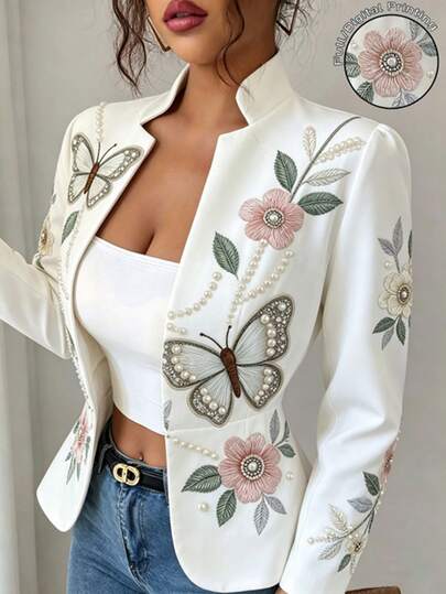 Elenzga Women's Spring/Autumn White Butterfly Floral Print Design Fabric Small Stand Collar Cinched Waist Elegant Versatile Jacket Date Dinner