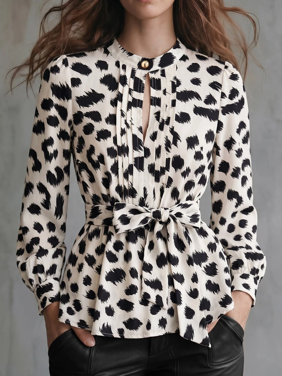 SHEIN Women's Casual Round Neck Pleated Button-Up Bowknot Leopard Print Blouse Elegant Retro Autumn Outfits, Fall Clothers For Brunch/Work/Vacay/Going Out - Multicolor - View 1