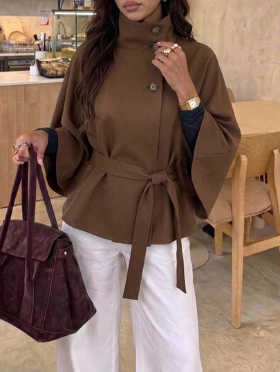 Aloruh Minimalist Commuter Brown Small Stand Collar Cape Trench Coat With Waist Tie Long Sleeve Short Length Women's Jacket