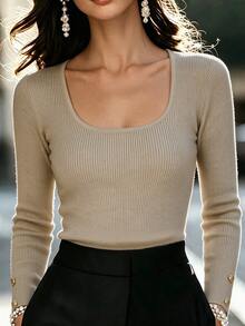 SHEIN Raffinéa Simple Square Neck Knit Top With Fine Rib Texture. Slim Fit Outlines Natural Body Curves. Long Sleev Office Brunch Beige Autumn Casual Basic - Khaki - View 8