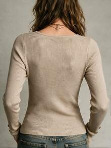 SHEIN Raffinéa Simple Square Neck Knit Top With Fine Rib Texture. Slim Fit Outlines Natural Body Curves. Long Sleev Office Brunch Beige Autumn Casual Basic - Khaki - View 2
