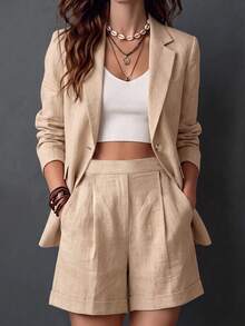 SHEIN 2026 Khaki Imitation Linen Lightweight Blazer Wide Leg Short Pants Two Piece Casual Set,2 Pieces Set,Fall Clothes,Teacher ,Work Solid-Color Suit Set - Khaki - View 2
