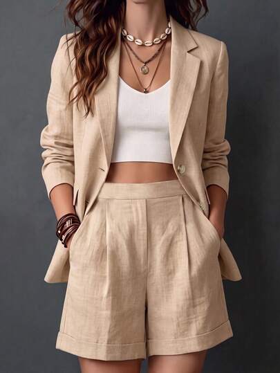 SHEIN 2026 Khaki Imitation Linen Lightweight Blazer Wide Leg Short Pants Two Piece Casual Set,2 Pieces Set,Fall Clothes,Teacher ,Work Solid-Color Suit Set