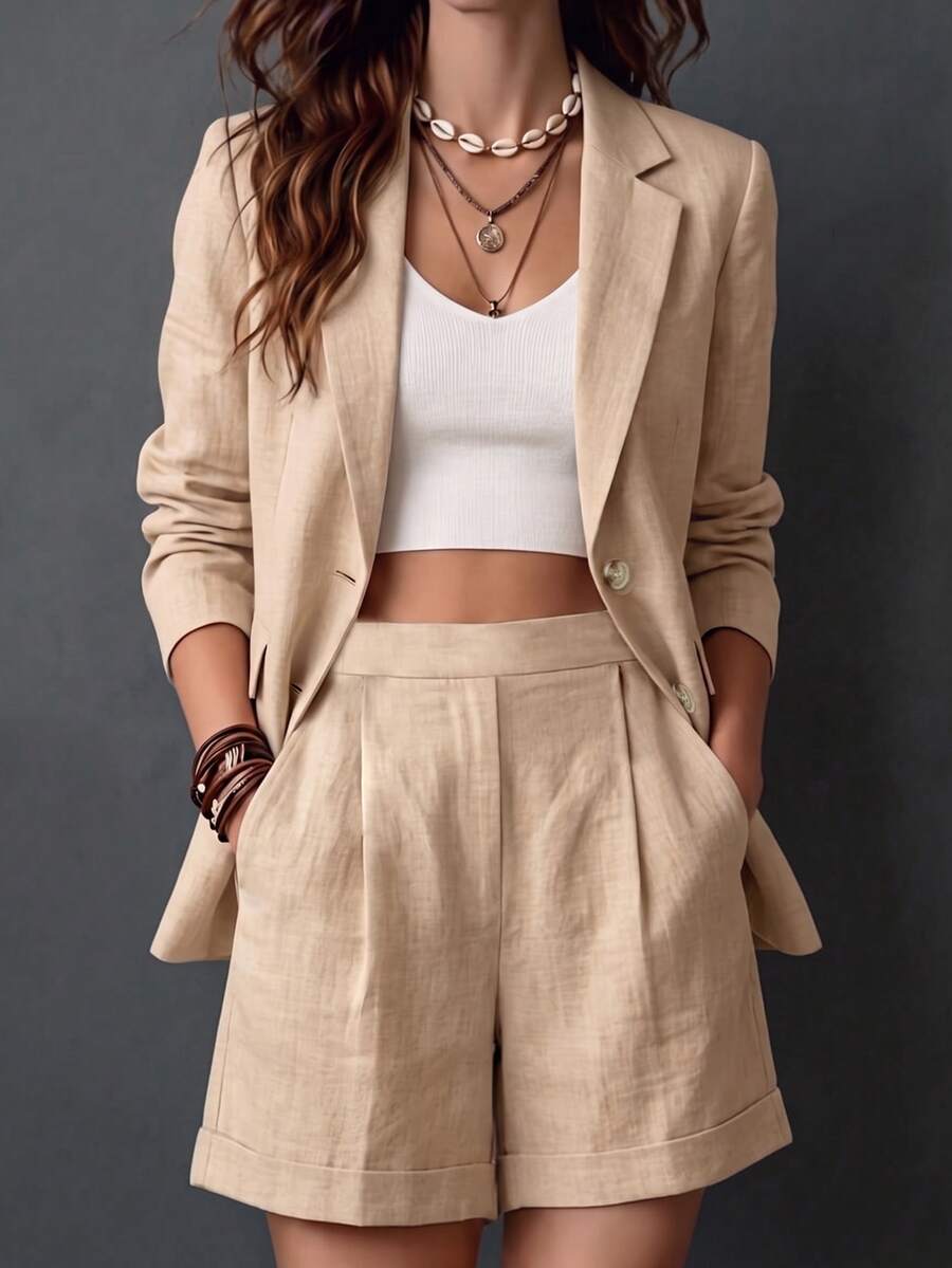 SHEIN 2026 Khaki Imitation Linen Lightweight Blazer Wide Leg Short Pants Two Piece Casual Set,2 Pieces Set,Fall Clothes,Teacher ,Work Solid-Color Suit Set