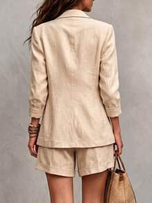 SHEIN 2026 Khaki Imitation Linen Lightweight Blazer Wide Leg Short Pants Two Piece Casual Set,2 Pieces Set,Fall Clothes,Teacher ,Work Solid-Color Suit Set - Khaki - View 3