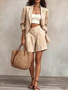 SHEIN 2026 Khaki Imitation Linen Lightweight Blazer Wide Leg Short Pants Two Piece Casual Set,2 Pieces Set,Fall Clothes,Teacher ,Work Solid-Color Suit Set - Khaki - View 4