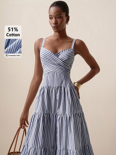 Briarwyn Women's Striped Pleated Casual Sexy Hawaiian Daily Wear Spaghetti Strap Dress Vacation Beach Blue And White Stripe Summer