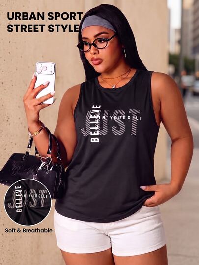 Rhythm Era Camiseta sin mangas para mujer de talla grande con estampado gráfico, chaleco tipo camiseta sin mangas para uso diario, fitness, yoga, levantamiento de pesas, gimnasio, negro y blanco, verano