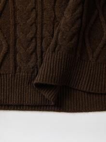 SHEIN Women's Dark Brown V-Neck Cable Knit Sweater, Casual Long Sleeve Pullover - Coffee Brown - View 7