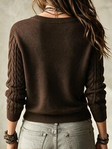 SHEIN Women's Dark Brown V-Neck Cable Knit Sweater, Casual Long Sleeve Pullover - Coffee Brown - View 2