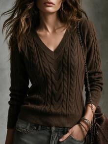 SHEIN Women's Dark Brown V-Neck Cable Knit Sweater, Casual Long Sleeve Pullover - Coffee Brown - View 8