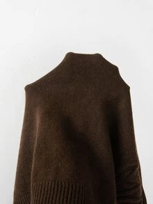 SHEIN Women's Dark Brown V-Neck Cable Knit Sweater, Casual Long Sleeve Pullover - Coffee Brown - View 6