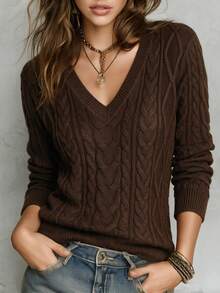 SHEIN Women's Dark Brown V-Neck Cable Knit Sweater, Casual Long Sleeve Pullover - Coffee Brown - View 5
