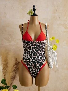 SHEIN Swim Women's Summer Beach Vacations Sexy Leopard Print One-Piece Swimsuit,Layered Swimwear - Multicolor - View 5