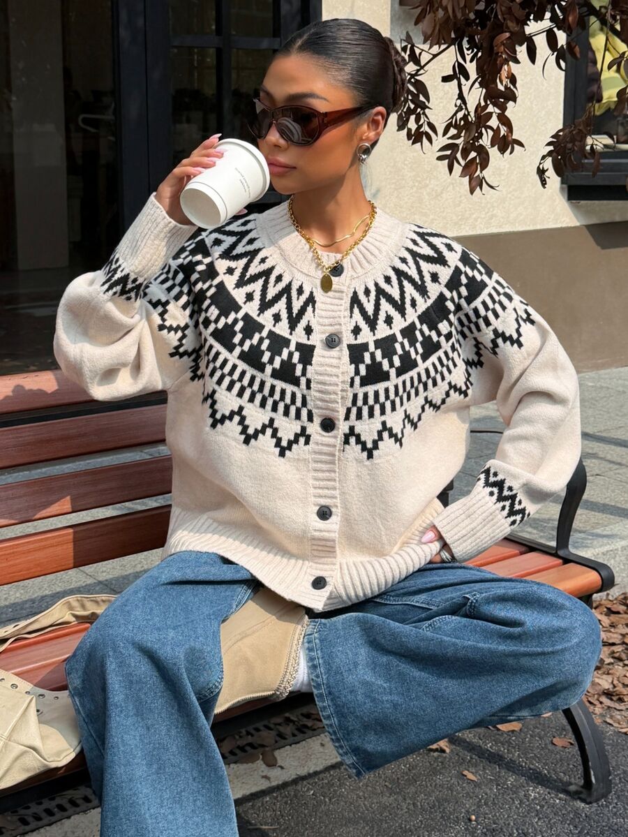 Muchica Women's Autumn/Winter New Apricot Fair Isle Pattern Casual Loose Cardigan - Apricot - View 1
