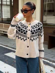 Muchica Women's Autumn/Winter New Apricot Fair Isle Pattern Casual Loose Cardigan - Apricot - View 3