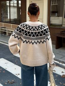 Muchica Women's Autumn/Winter New Apricot Fair Isle Pattern Casual Loose Cardigan - Apricot - View 2