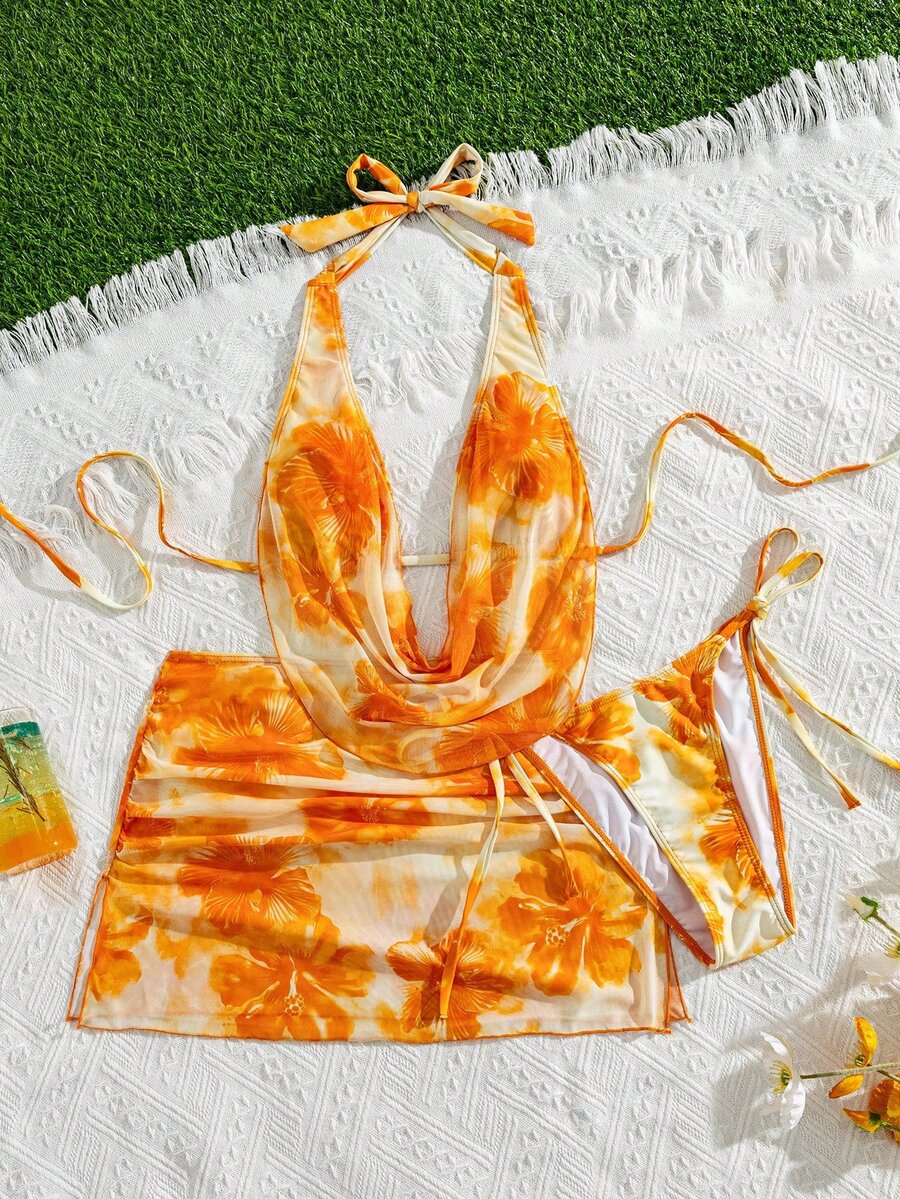 SHEIN Swim Bộ 3 món bikini tam giác gợi cảm họa tiết hoa, cổ xếp ly, lưng hở, dây rút, kèm váy ngắn xếp ly xẻ tà, thích hợp cho kỳ nghỉ hè. - Nhiều màu - Xem 1