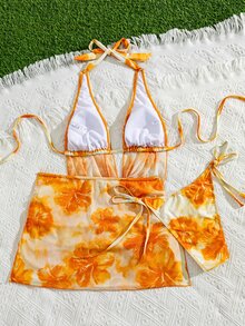 SHEIN Swim Bộ 3 món bikini tam giác gợi cảm họa tiết hoa, cổ xếp ly, lưng hở, dây rút, kèm váy ngắn xếp ly xẻ tà, thích hợp cho kỳ nghỉ hè. - Nhiều màu - Xem 2