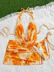 SHEIN Swim Bộ 3 món bikini tam giác gợi cảm họa tiết hoa, cổ xếp ly, lưng hở, dây rút, kèm váy ngắn xếp ly xẻ tà, thích hợp cho kỳ nghỉ hè. - Nhiều màu - Xem 4