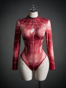 SHEIN ICON 女式秋季时尚蜘蛛和蛛网印花修身长袖紧身衣 - 紅色 - 查看 1