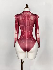 SHEIN ICON 女式秋季时尚蜘蛛和蛛网印花修身长袖紧身衣 - 紅色 - 查看 2