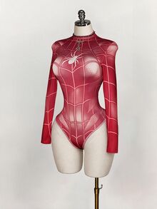 SHEIN ICON 女式秋季时尚蜘蛛和蛛网印花修身长袖紧身衣 - 紅色 - 查看 4