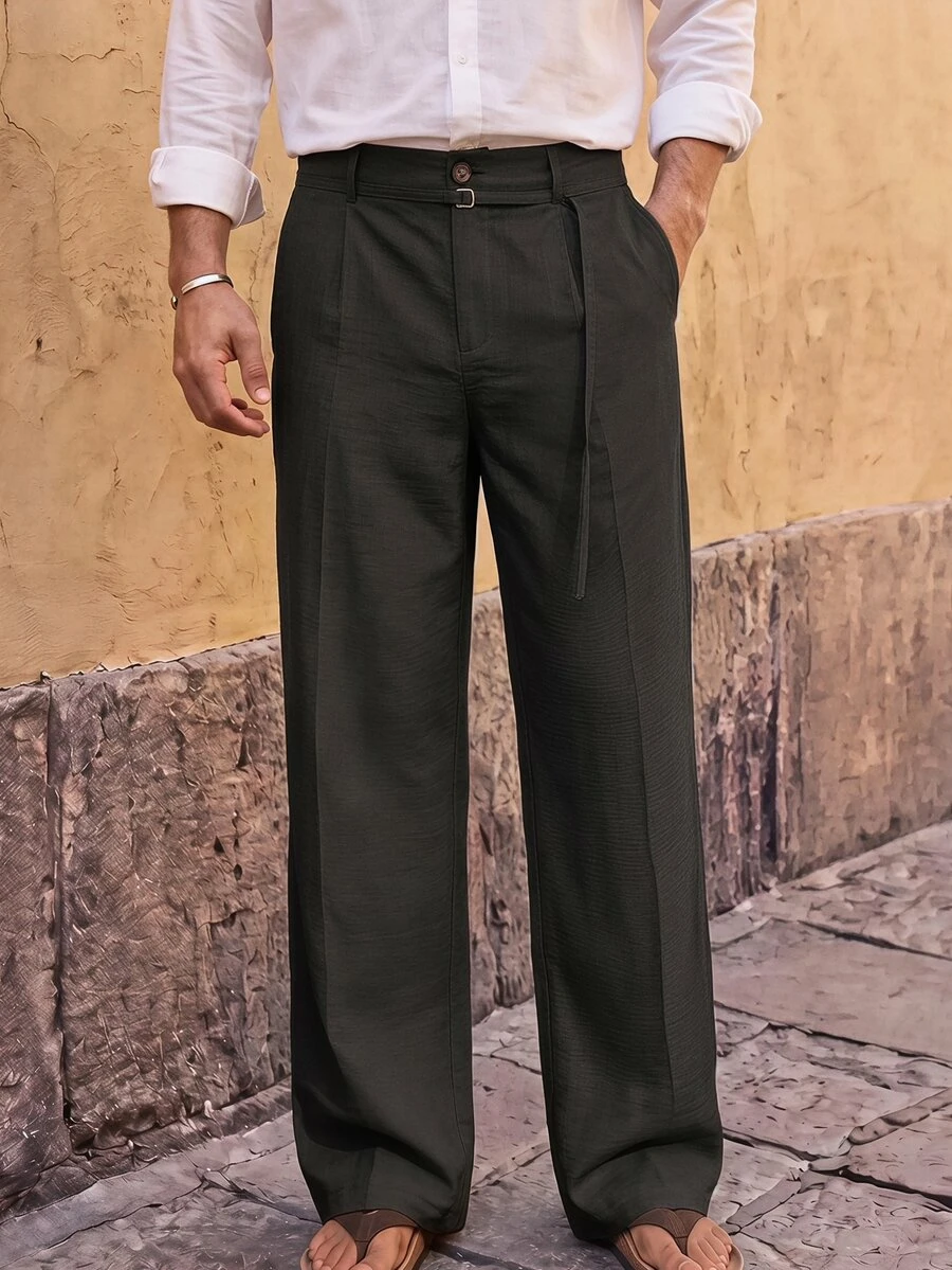 HIMLAND Men's Solid Color Straight Leg Loose Casual Commuter Long Pants, Streetwear, Baggy Loose Pants, Winner, Autumn - Black - View 1