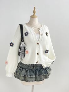 Dulcita Women's Autumn/Winter Lazy Fashion Daily Photo-Ready Versatile Minimalist Sweet Floral Cardigan - Apricot - View 7
