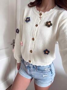 Dulcita Women's Autumn/Winter Lazy Fashion Daily Photo-Ready Versatile Minimalist Sweet Floral Cardigan - Apricot - View 1