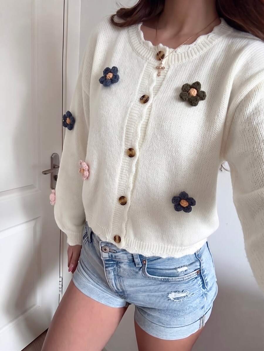 Dulcita Women's Autumn/Winter Lazy Fashion Daily Photo-Ready Versatile Minimalist Sweet Floral Cardigan - Apricot - View 1