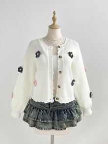 Dulcita Women's Autumn/Winter Lazy Fashion Daily Photo-Ready Versatile Minimalist Sweet Floral Cardigan - Apricot - View 3