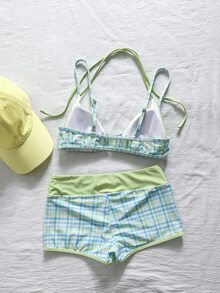 SHEIN Swim 2件組女款比基尼泳衣，藍白圖案波點條紋泳褲，波希米亞度假風，熱帶休閒復古沙灘夏季款 - 彩色 - 查看 6