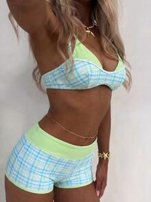 SHEIN Swim 2件組女款比基尼泳衣，藍白圖案波點條紋泳褲，波希米亞度假風，熱帶休閒復古沙灘夏季款 - 彩色 - 查看 4