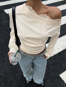 Muchica 女款休閒舒適杏色不對稱肩蕾絲拼接長袖上衣，秋冬款 - 杏色 - 查看 5
