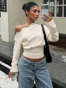 Muchica 女款休閒舒適杏色不對稱肩蕾絲拼接長袖上衣，秋冬款 - 杏色 - 查看 6