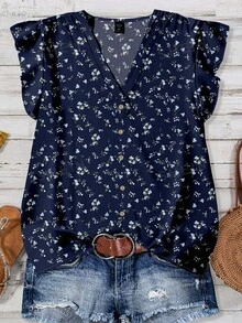 EMERY ROSE Plus Size Ditsy Floral Casual Minimalist Shirt, Suitable For Summer Vacation Chic Blouses For Women - Multicolor - View 3